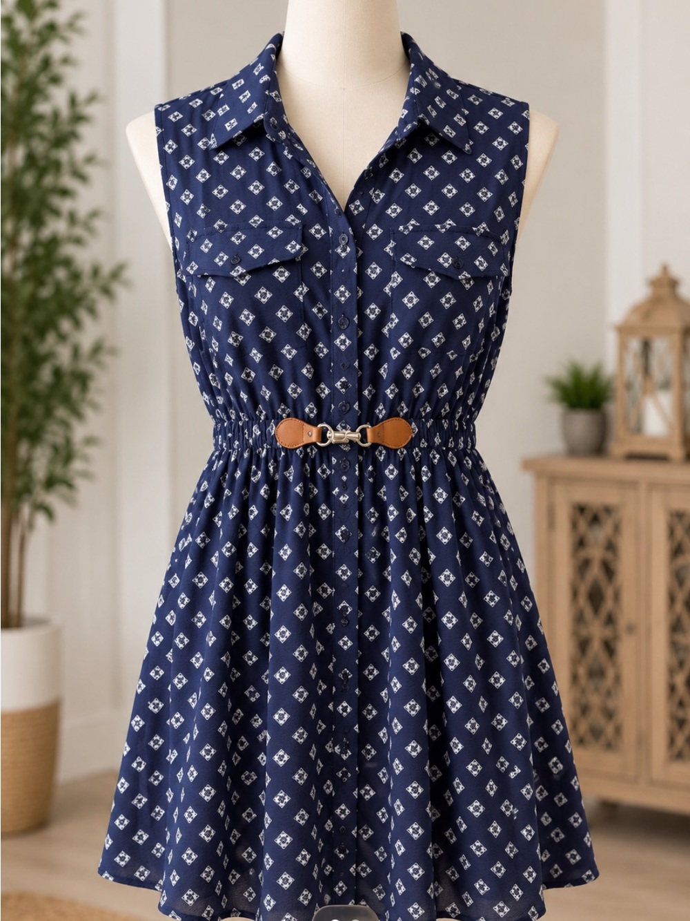 Sleeveless Navy Print Midi Shirtwaist Dress with Belt Detail